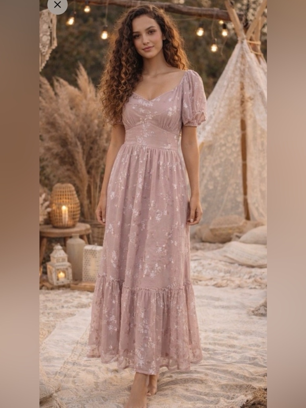 ✨Fairy Peasant boho Pink Mauve Floral Maxi Dress w Puff Sleeves